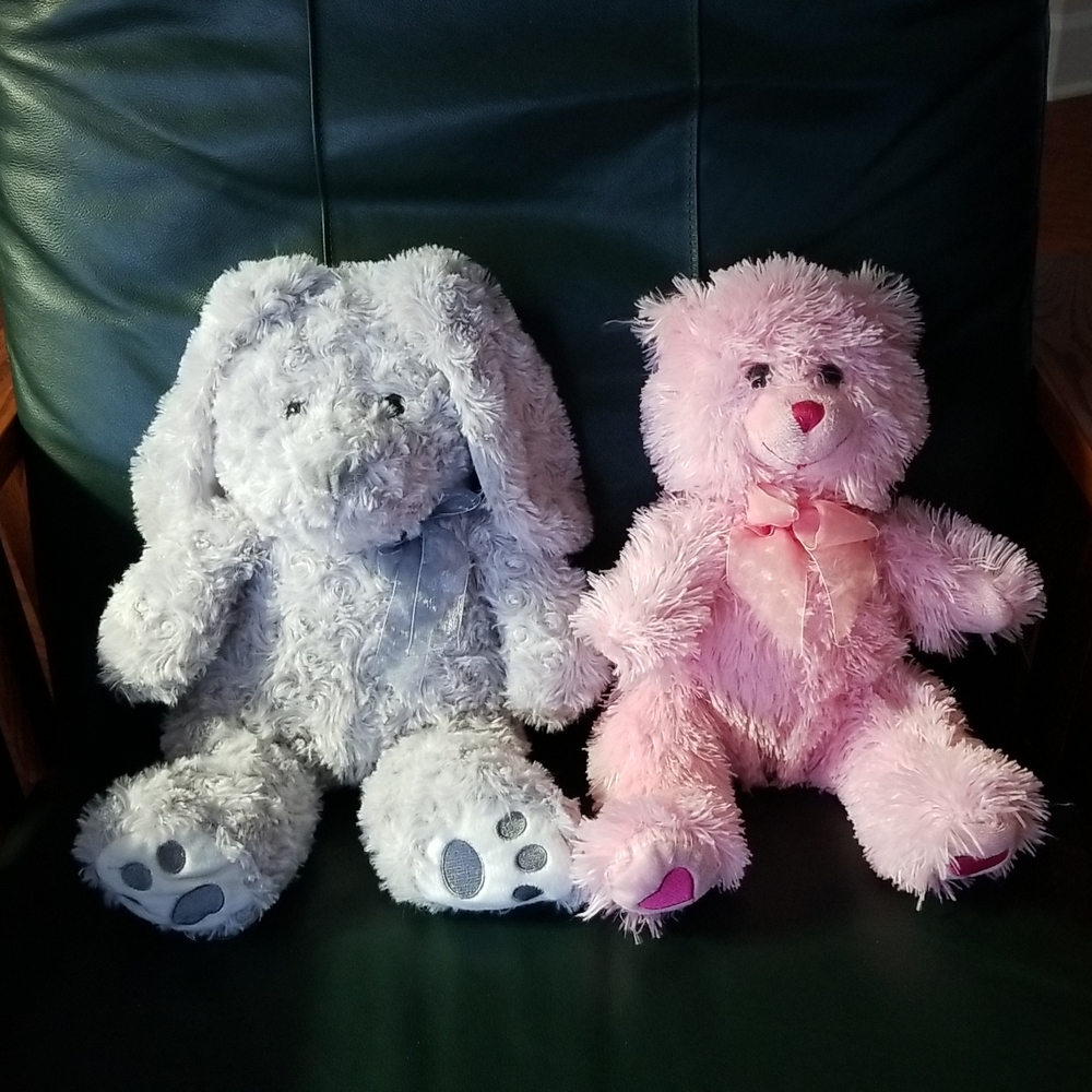1 pink fluffy bear -13 1/2" tall,  1 grey fluffy bunny -14" tall.